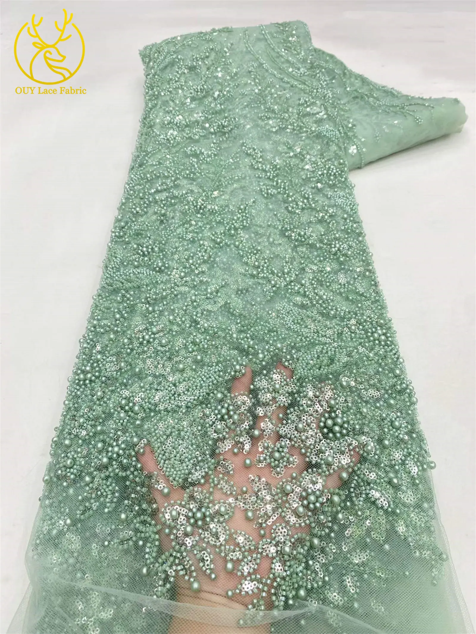 Afrikanischer handgefertigter bestickter Pailletten-Spitzenstoff, blauer französischer Tüll-Mesh-Spitzenstoff, nigerianischer Bankettkleiderstoff – Detail 6