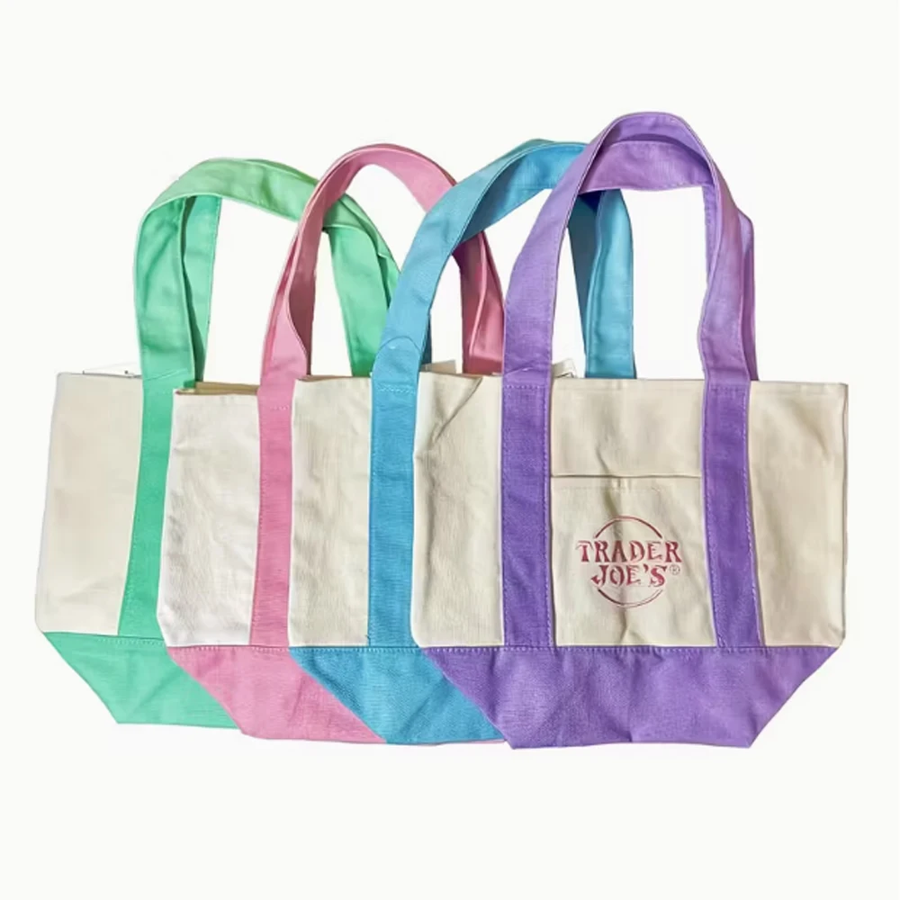 حقيبة حمل شديدة التحمل وقابلة لإعادة الاستخدام مكونة من 4 قطع، أكياس تسوق بيضاء من تاجر جو مع مقابض ملونة للبقالة والشاطئ #1