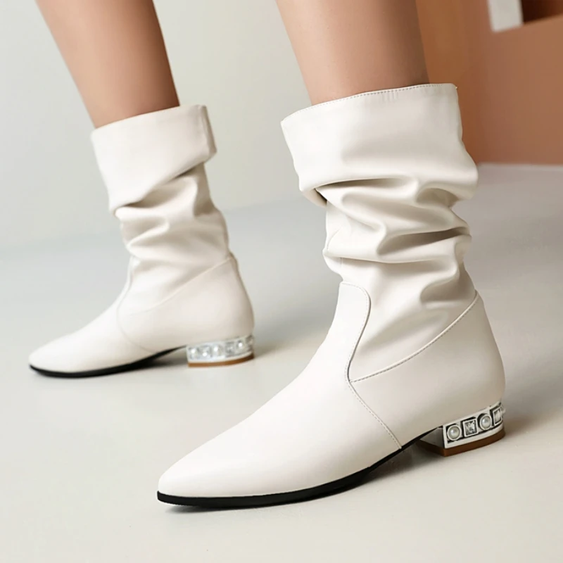 

Pleated Women's Ankle Boots 2025 Elegant Boots for Women Autumn Winter Gold Silver Low Heels Footwear Shoes Ladies Big Size 45
