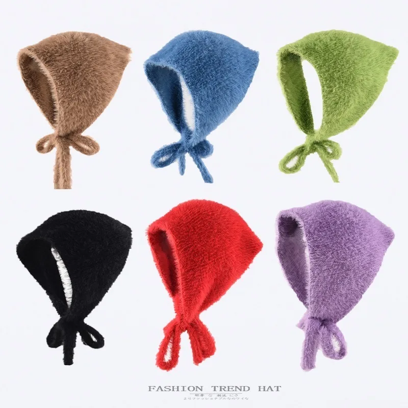 New Simple Headscarf Women's Autumn and Winter Warm Plush Knitted Triangle Scarf Sweet and Cute Lace-up Cover Headband SA381