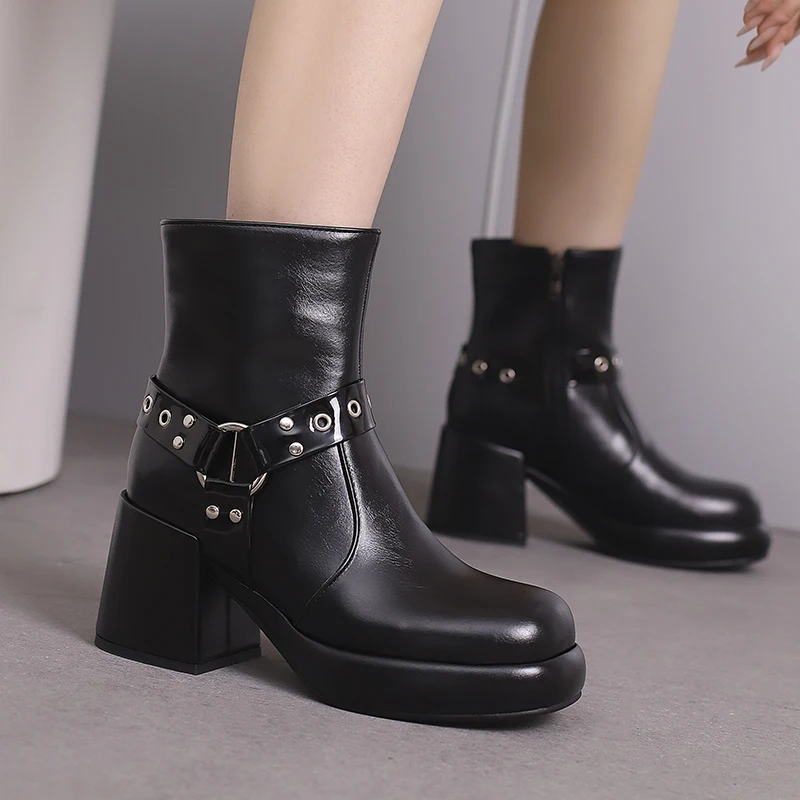 Women's Platform Ankle Boots Fashion Women's Platform Heel Black and White Ankle Boots Punk Gothic Style New 2024