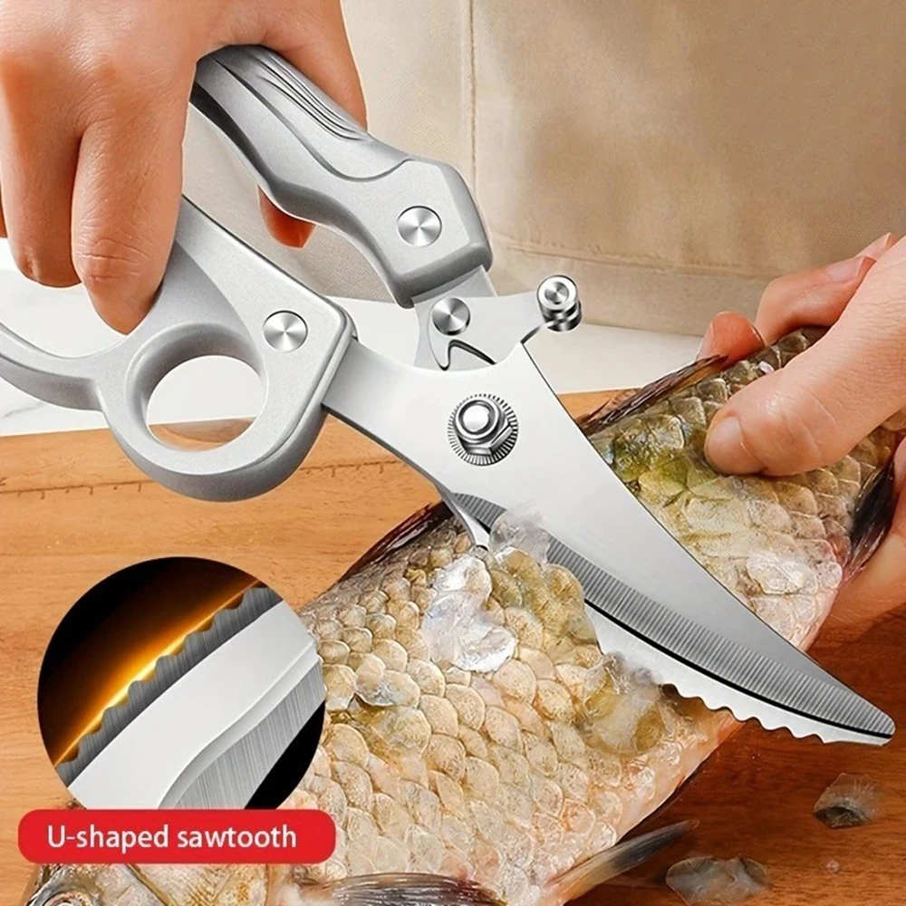 Silver Poultry Scissor - A heavy-duty kitchen food clipper with an ergonomic handle, suitable for cooking chicken, meat, and sea