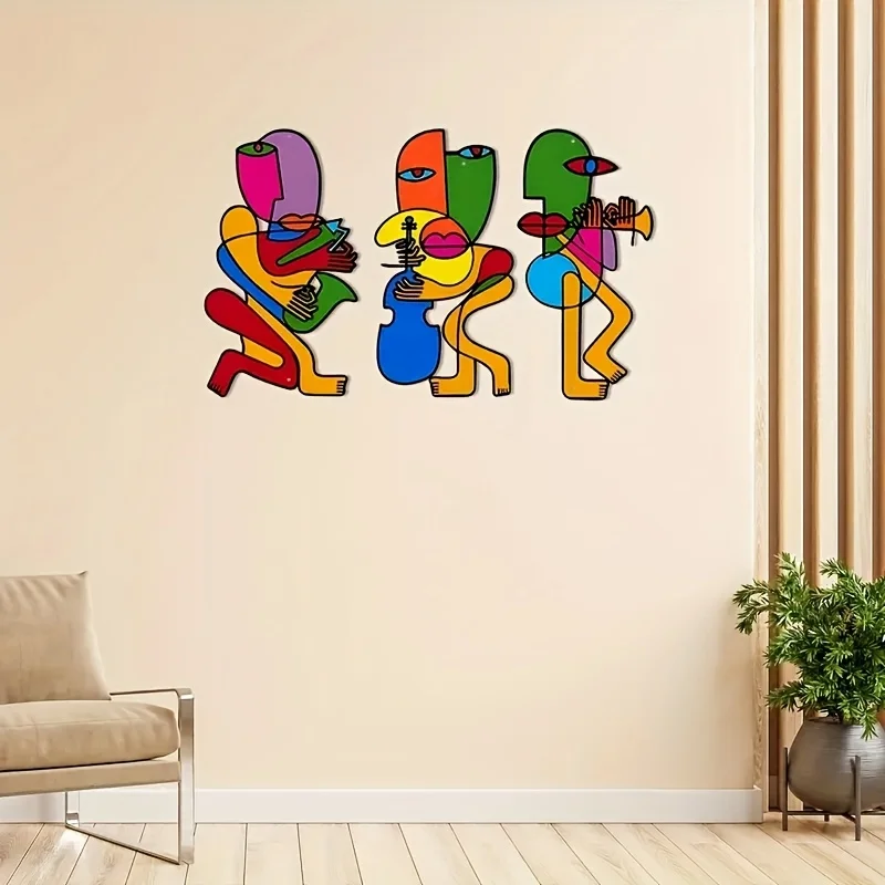 3 Pieces of Colorful Abstract Picasso-Style Metal Wall Sculptures 2D Flat Decoration, Colorful Abstract Picasso-Style Door and Wall Decoration, Farmhouse Living Room Bedroom Kitchen Wall Decoration, Outdoor Porch Balcony, Gift, Metal Artwork, 2D Flat view 3