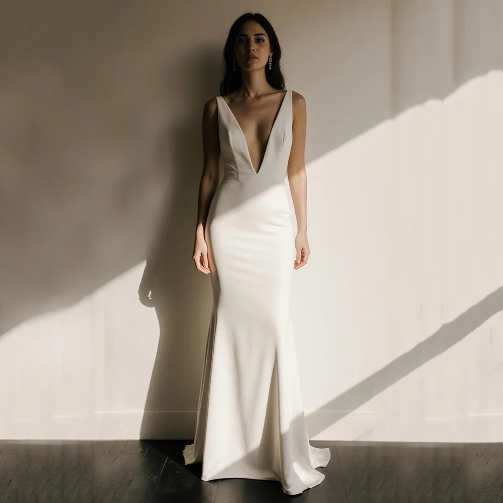 فساتين زفاف حورية البحر المدنية 2026 على شكل حرف v مفتوحة الظهر مثير ثوب زفاف بسيط عادي فستان الزفاف رداء دي ماري مخصص #1