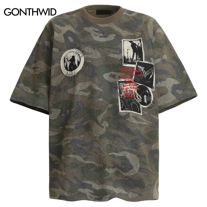 

Vintage Men T-Shirt Y2K Grunge Embroidered Patch Camo Camouflage Streetwear Tshirt Hip Hop Punk Gothic Baggy Urban Tshirt Top