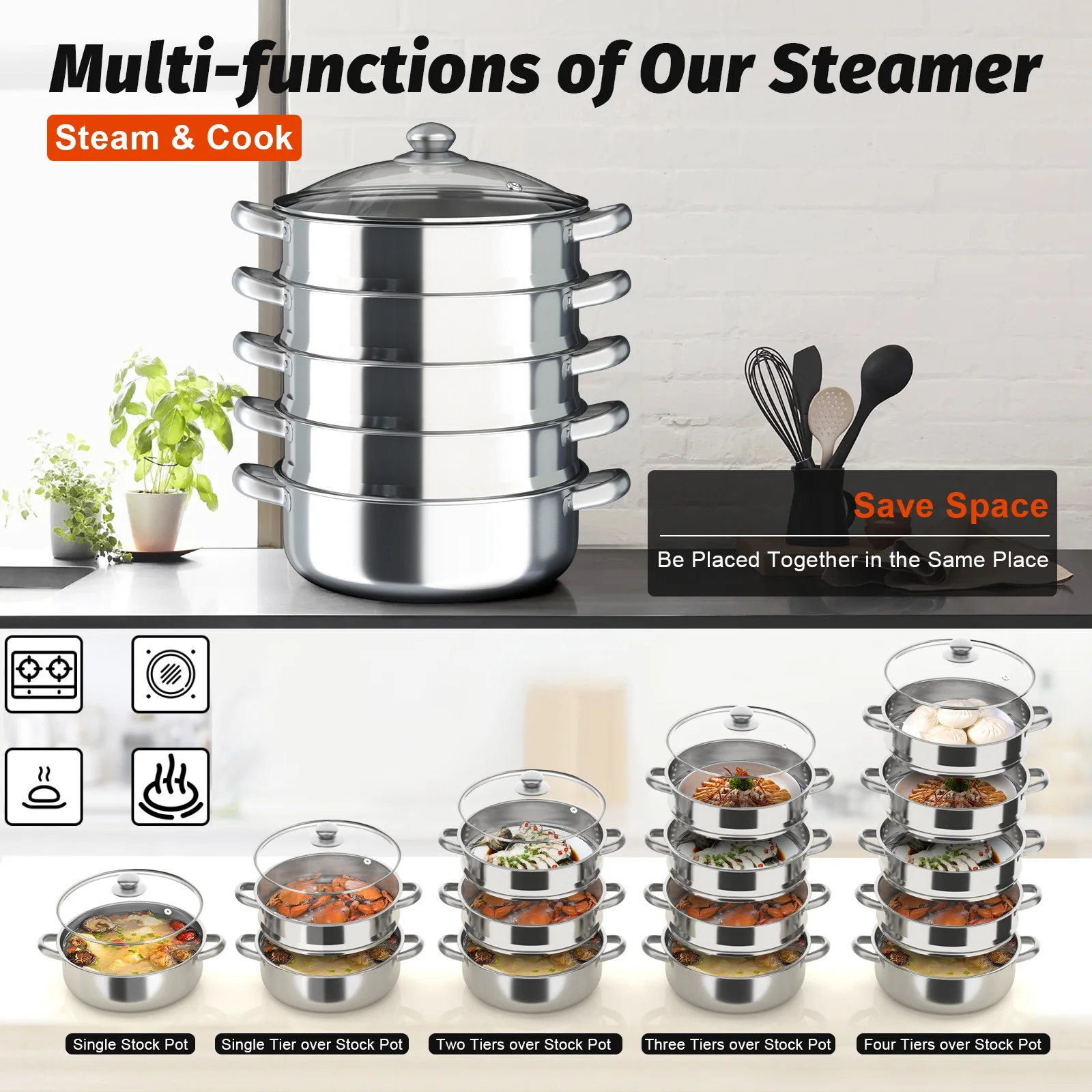 3/5Tiers Steamer Hot Pot Stainless Steel Cooker Steam Pot Food Cooking + Glass Lid