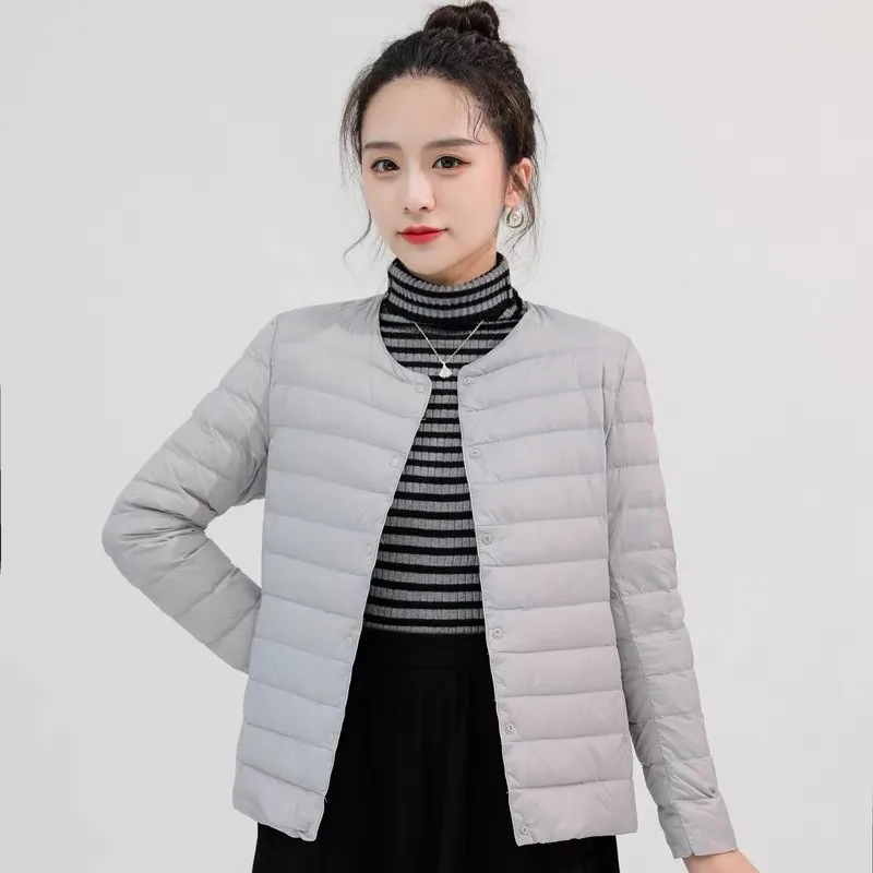 

Зимнее пальто, женский легкий тонкий пуховик, женский короткий стиль, ультра-легкое однотонное легкое теплое тонкое пальто с круглым вырезом