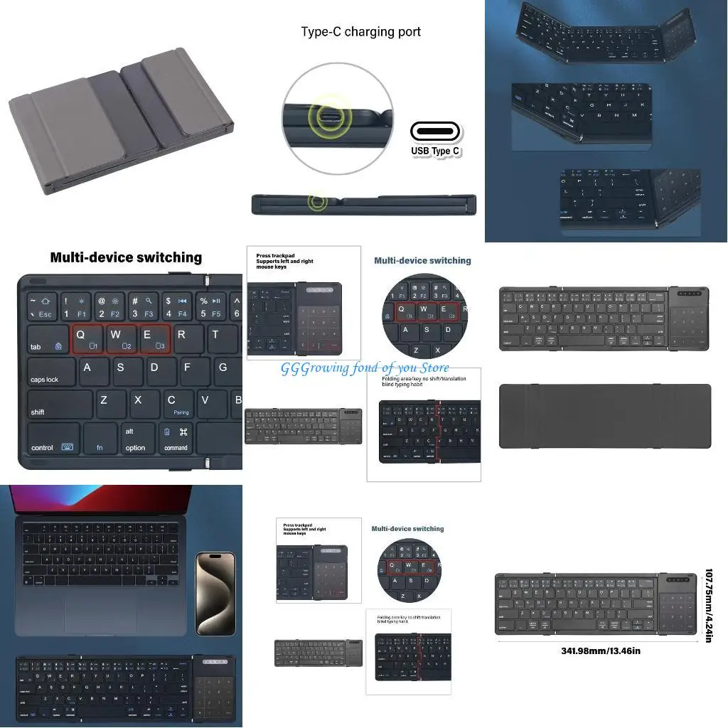 

H9EB B077T Foldable Wireless Keyboard Small Folding Keypad with Touchpad Rechargeable Wireless Keyboards for Multiple Devices