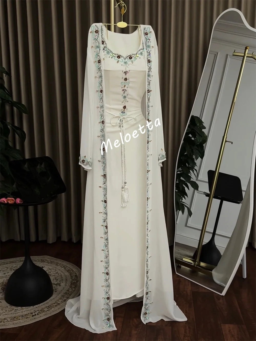 Personalizado glitter beading mangas compridas trompete vestidos longos clássico feminino vestidos de noite sob medida ocasião elegante festa casamento