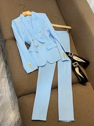 Fato elegante de blazer de trabalho feminino, jaqueta trespassado, blusa e calças, roupa combinando, roupas de senhora do escritório, conjunto 2 peças