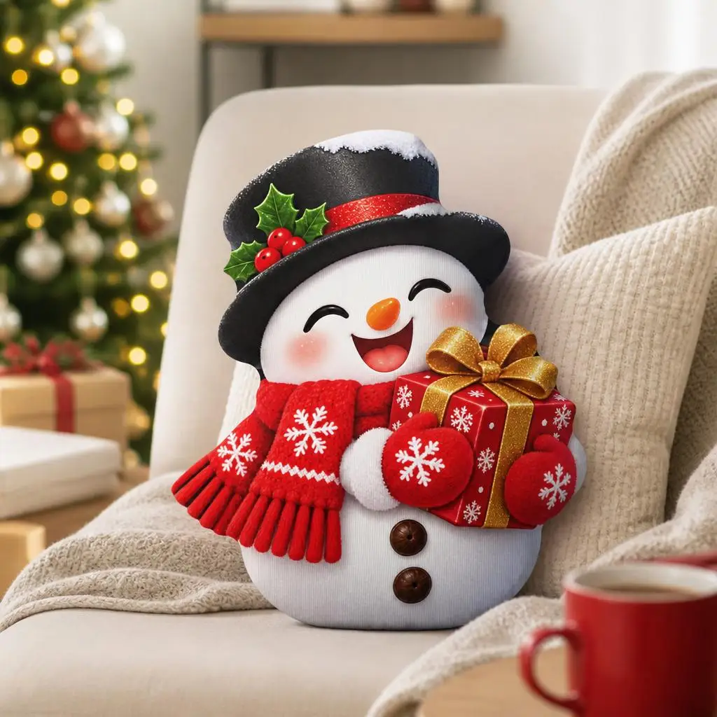 Snowman with Black Top Hat and Red Gift Box Shaped Pillow Cushion Irregular Stuffed Throw Pillows for Sofa Home Decoration Gift