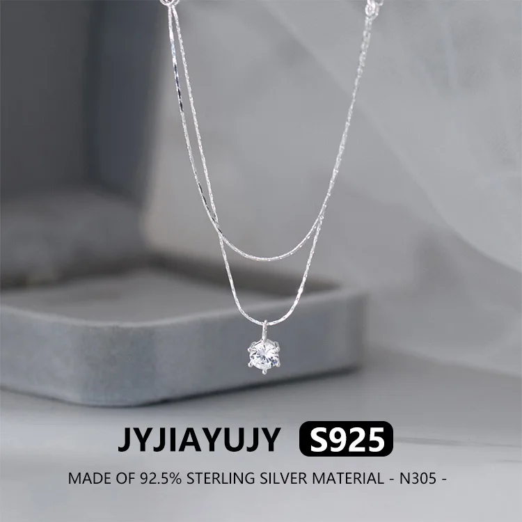 

JYJIAYUJY 100% Whole Original Sterling Silver S925 Double-Layer Necklace Single Zirconia Pendant Fashion Woman Jewelry Gift N305