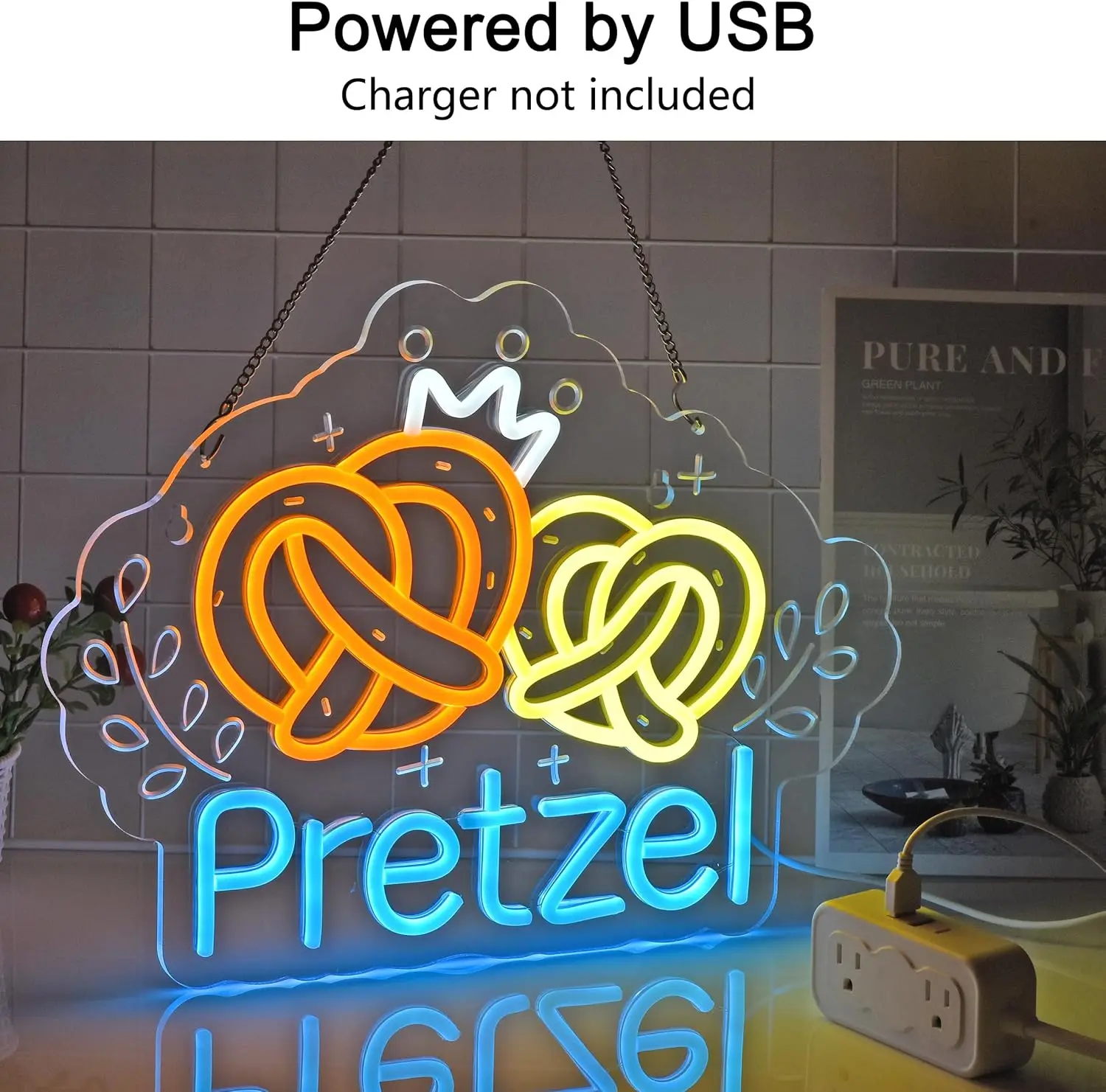 Pretzel Neon Sign LED Wall Art USB Powered Acrylic Pretzels Crown Glow Lamp Bakery Snack Shop Kitchen Bar Party Food Decor