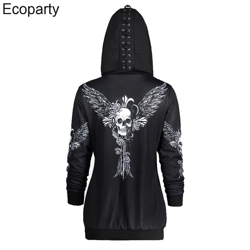 New Women Gothic 3d Skull Printed Hoodie Coat Black Long Sleeves Zip Up Loose Casual Hooded Jacket Aldult Darkness Sweatshirt