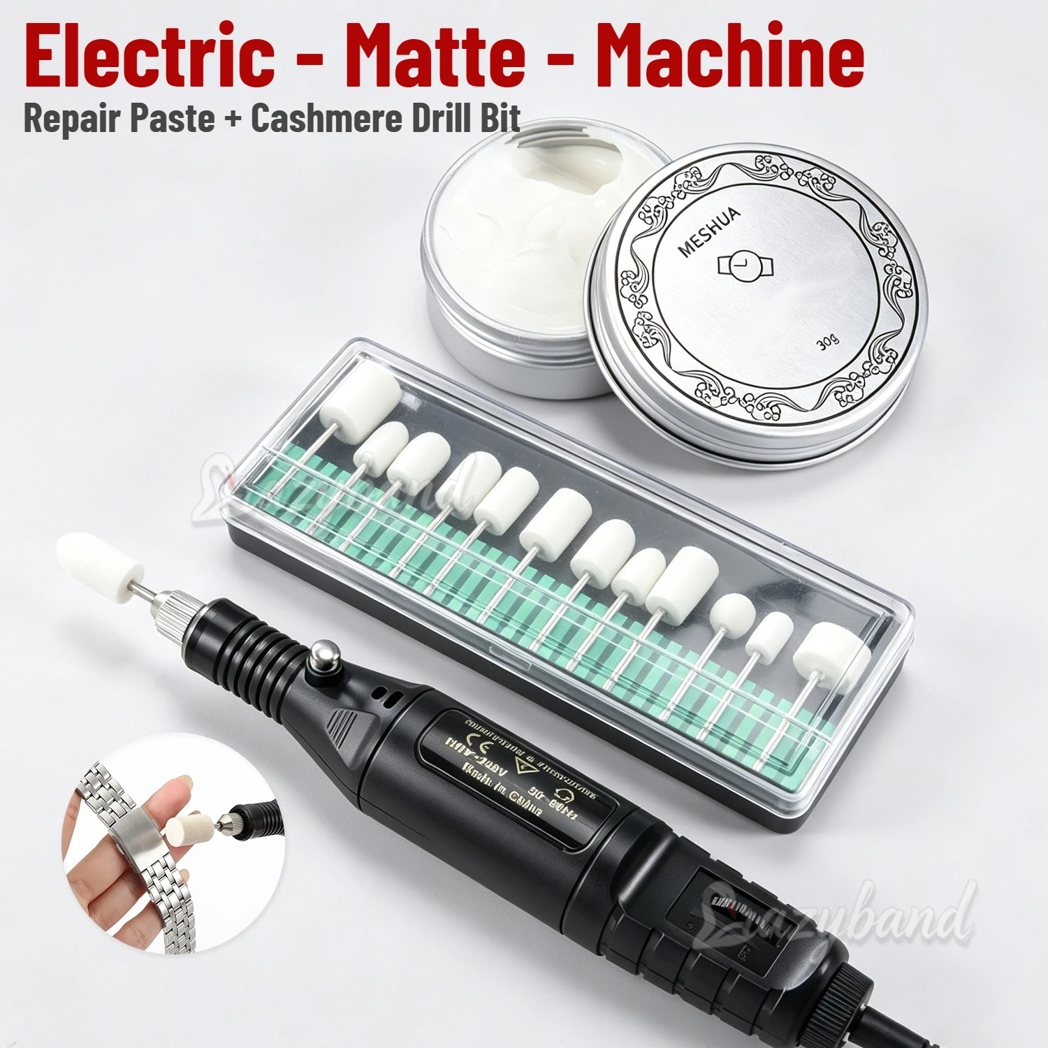 6 in 1 Electric Portable Polishing Sanding Pen Tools Set for Wood Metal Watch Band with Felt Cotton Brush Kit Watchmaker Repair