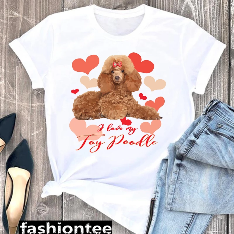 Cute Cartoon Animal Poodle Round Neck Fashion Plus Size Loose T-shirt Women Trend Women Clothing  Graphic T Shirts  Tops