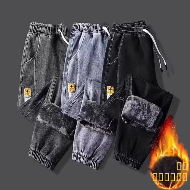 

Теплые мужские джинсы Thiened Fce с эластичной резинкой на талии, повседневные износостойкие грязи, легко сочетающиеся осенне-зимние хлопковые джинсовые брюки