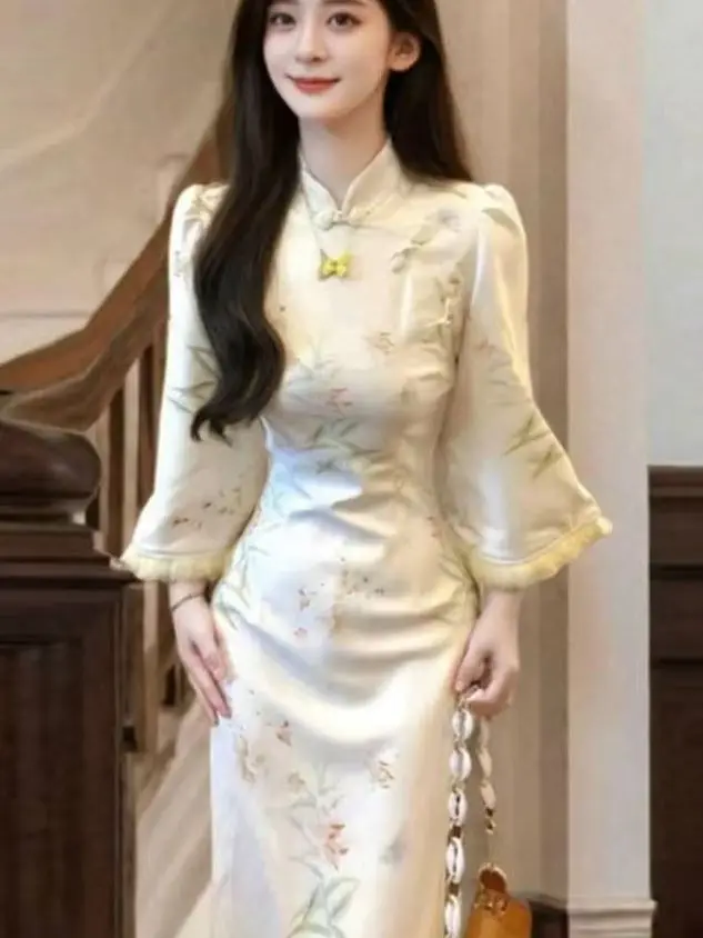 New Chinese Sle Young Women's Long Sve Bodycon Dr Autumn Winter New Version Qipao Skirt Pure Color Waist Cinched