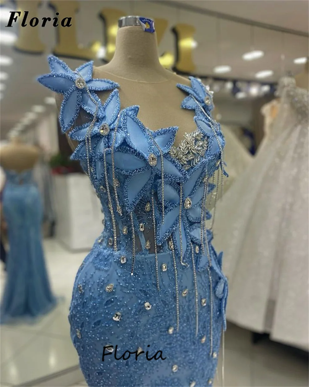 Wykonane niebieska sukienka na studniówkę zamówienie nowe eleganckie koralikowe frędzelki suknie wieczorowe na wesela Vestidos De Gala Dubai sukienka na przyjęcie syrenka