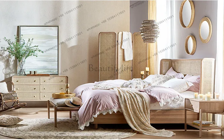 LD Nordic solid wood TV cabinet simple rattan storage bed and breakfast decoration entrance cabinet