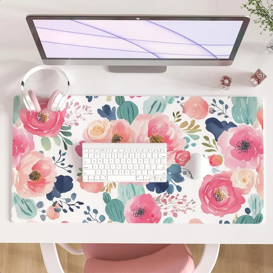 

Large Mouse Pad Pink Floral Desk Mat for Desktop Women Girls Flowers PU Leather Waterproof Desk Pad Computer PC Laptop Protecto