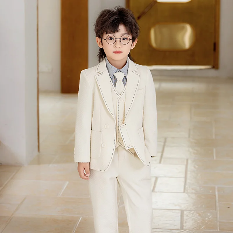 

2026 Новый жаккардовый костюм для мальчиков, комплект из 5 предметов, наряд для обручального кольца, красивые детские костюмы с зубчатыми лацканами, праздничный смокинг 90-160 см