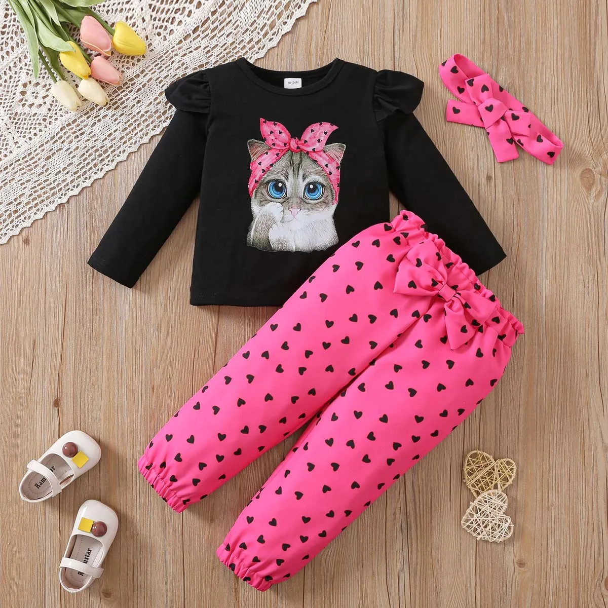 3pcs girls long-sleeved cartoon cat pullover polka dot trousers hairband baby cotton cute clothes suit kids fashion clothing