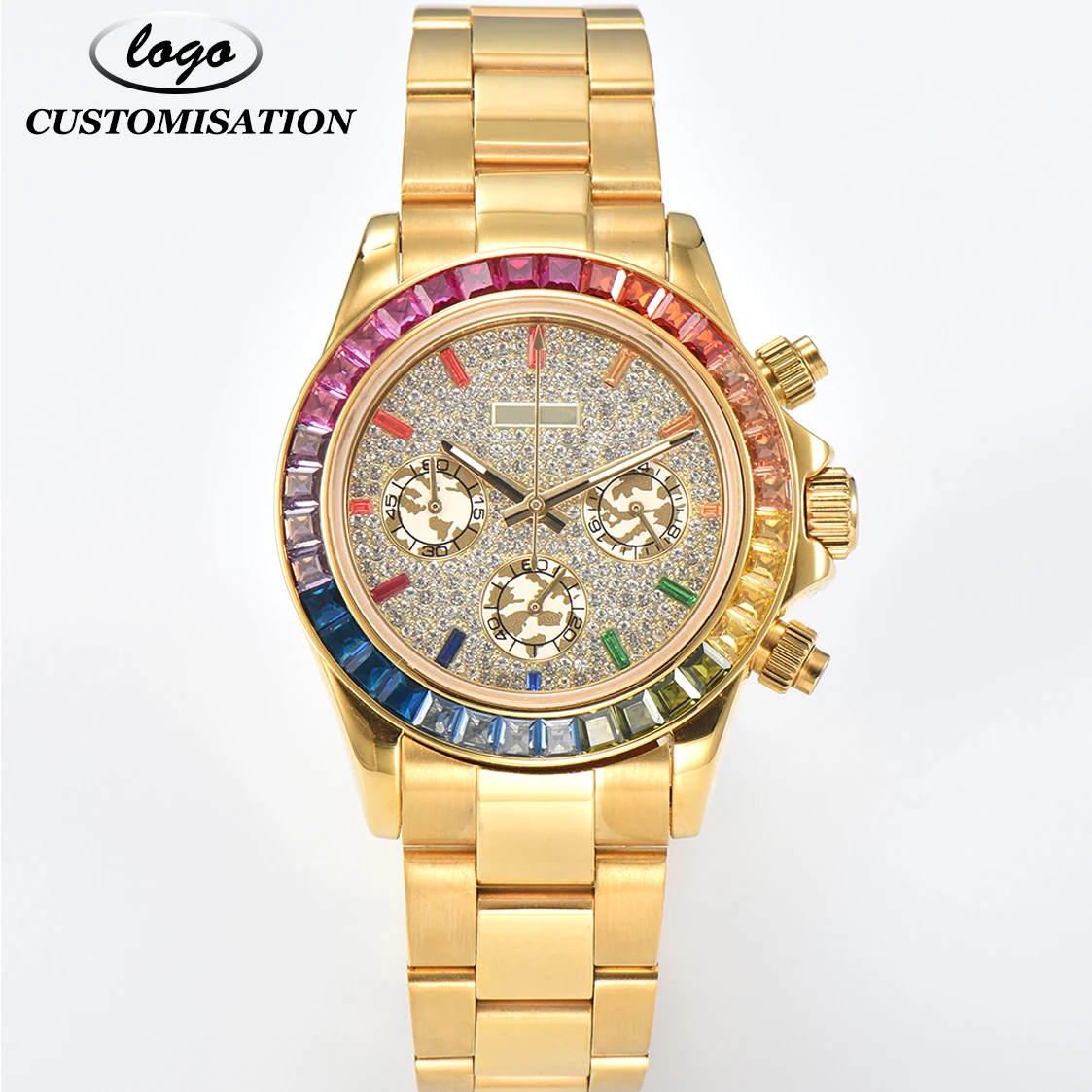 Customised LOGO 39mm Men's Watch VK63 Movement Sport Multifunction Chronograph Coloured Diamond Bezel Gold Stainless Steel Strap