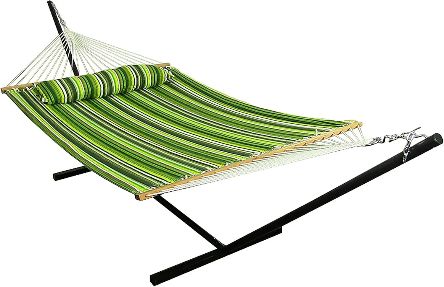 Double Quilted Fabric Hammock with 12-Foot Stand and Pillow - 350-Pound Capacity - Black Stand - Melon Stripe