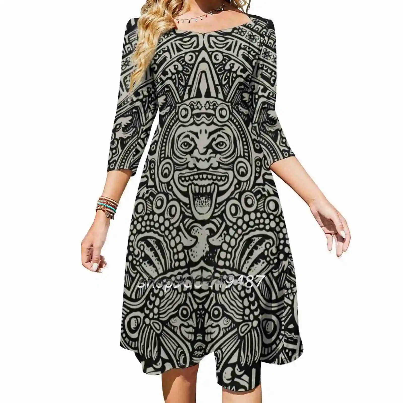 Ancient Mayan Aztec Calendar God Square Neck Dress Cute Loose Print Dresses Elegant Beach Party Dress Aztec God South America