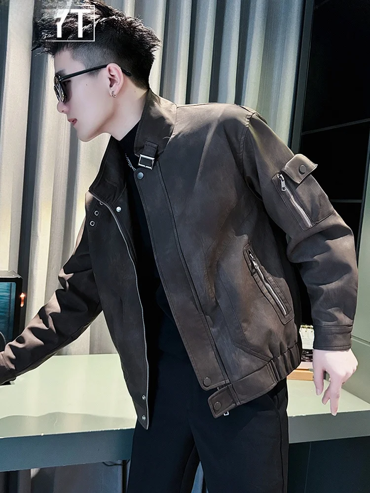 

Trendy Stand Collar Workwear Leather Jaet Men's New Autumn High End Haome Top Leather Jaet Youthful Energy Sle