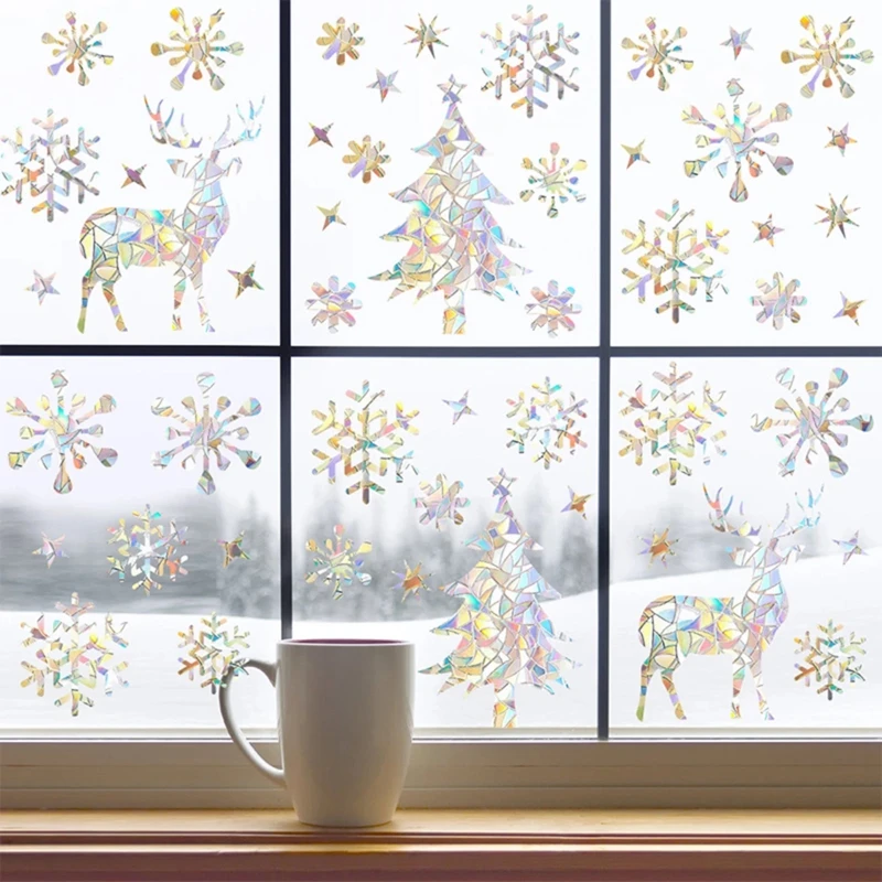 Suncatcher Christmas Snowflake Window Sticker Xmas Tree Snowman Laser Rainbow Wall Decal 2024 New Year Kids Room Home Decoration