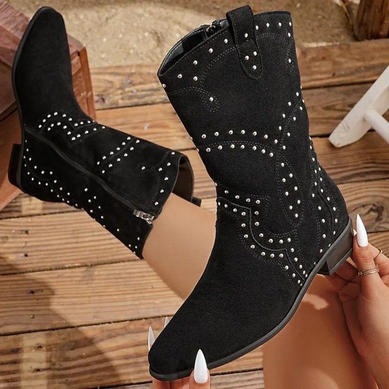 

Fashion Pointed Toe Suede Rivet Side Zipper Soft Sole Non-Slip Wear Resistant Autumn Booties for Women Comfortable Chelsea Boots