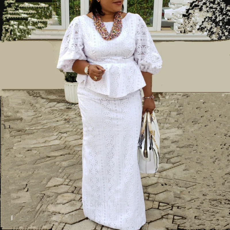 Elegant African Fashion Women Dress Set Retro Embroidery 3/4 Sleeve White 2-piece skirts matching sets