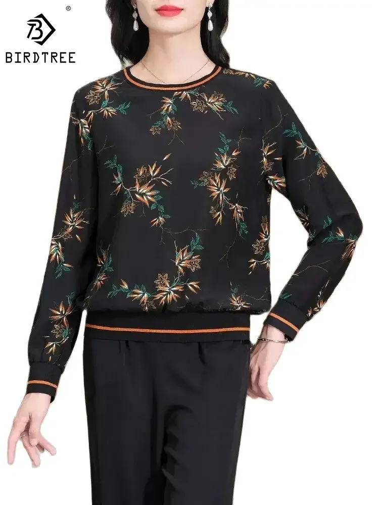 

BirdTree 100%Mulberry Silk T-Shirt for Women, O Neck Pachwork Floral, Elegant Retro All-match Blouses, 2024 Spring Tops T42326QM