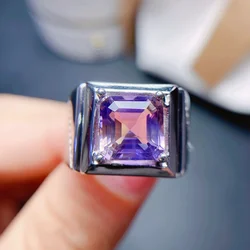 4ct Natural Amethyst Man Ring 9mm*9mm VVS Grade Amethyst 925 Silver Ring 3 Llayers 18K Gold Plating Man Jewelry for Daily Wear