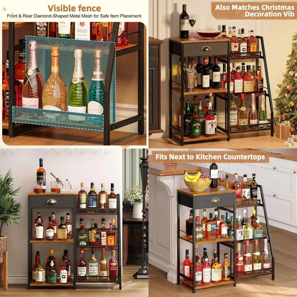 

Freestanding 3-Tier Wine Rack and Liquor Cabinet with Drawer for Home Bar, Step Design for Whiskey and Spirits Storage