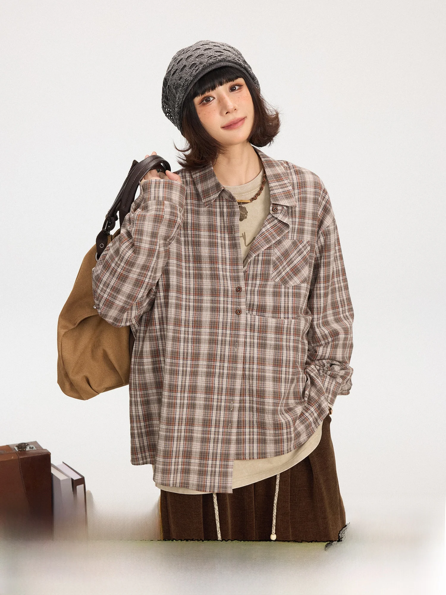 

Retro Lazy Loose Casual Plaid Long Sve irt Versatile Daily Wear Women's Faion Comfortable Cotton Blend Spring Autumn