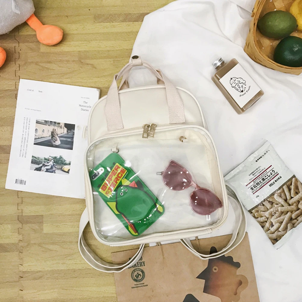 

PVC Candy Color Backpack Beige Large Capacity School Shoulder Bag Travel Satchel for Women Students Office Lady