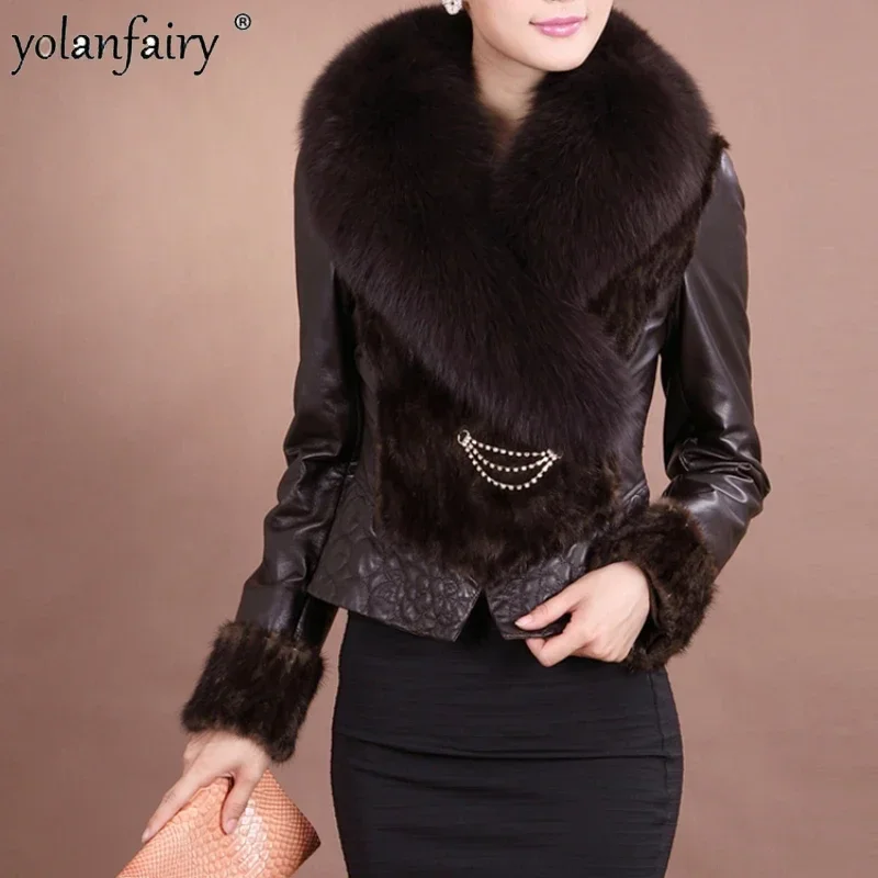 

Genuine Leather Jacket Women Short Slim Mink Fur Coat Women Elegent Fox Fur Collar Down Jacket Casacos De Inverno Feminino FCY