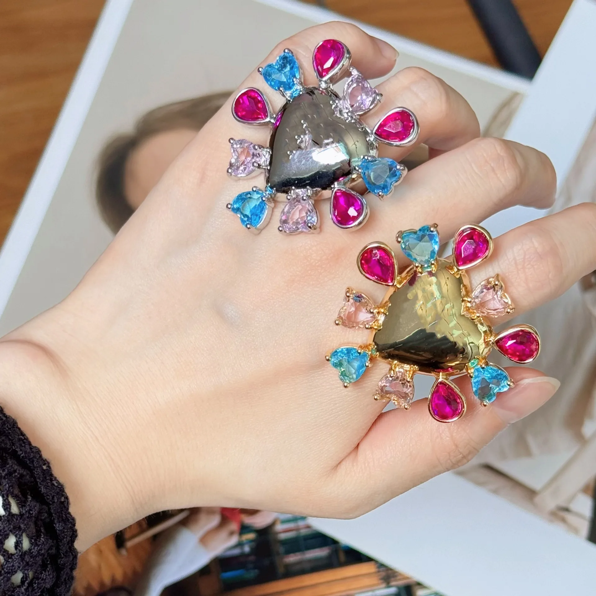 Luxury Exaggerated Red‑Green Zircon Heart Water‑Drop Open Ring Trendy Exquisite Women Party Jewelry Gift