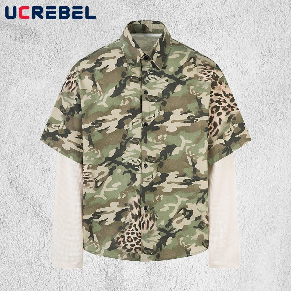 

Мужские рубашки с длинным рукавом в стиле камуфляж, имитация двухслойности, весенние, в стиле ретро, хип-хоп, уличная мода, свободного кроя, с отложным воротником, сшитые из разных тканей.