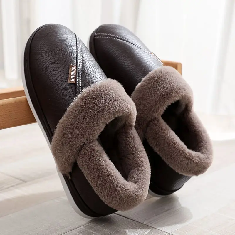 

Winter Men's Slippers Plus Velvet Warm All-pack with Waterproof Leather Cotton Shoes Non-slip Household Comfort