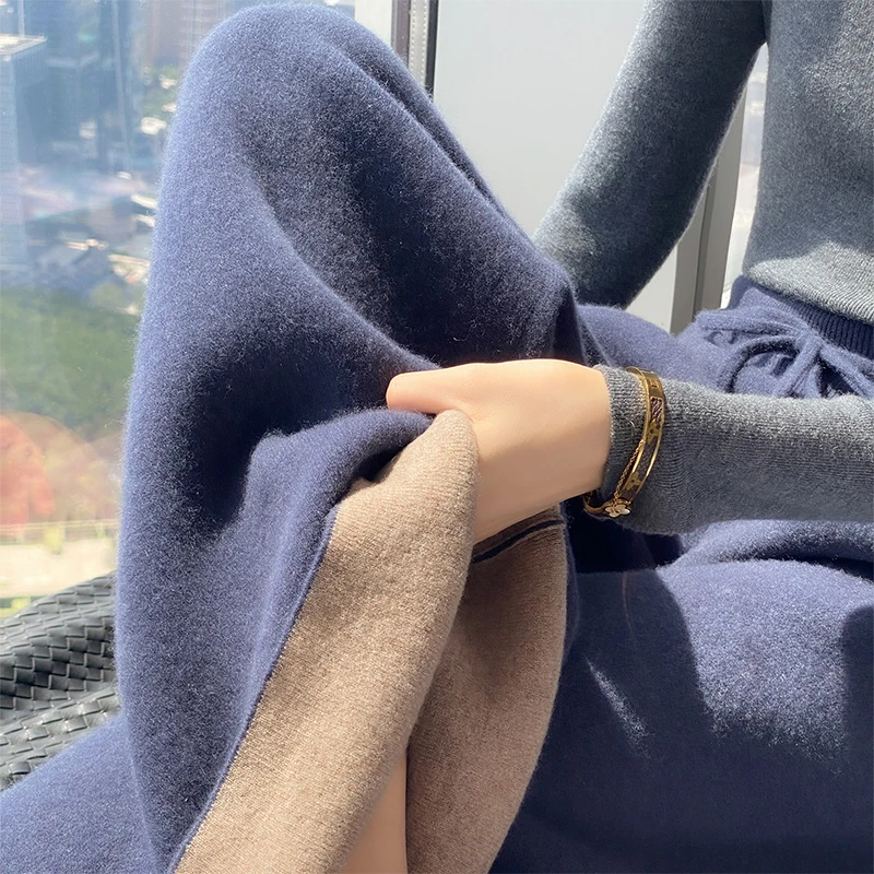 Knitted Pants 100% Merino Wool Women's Patchwork Color Wide-leg Pants Thickened Retro Pants Autumn and Winter. Korean Fashion