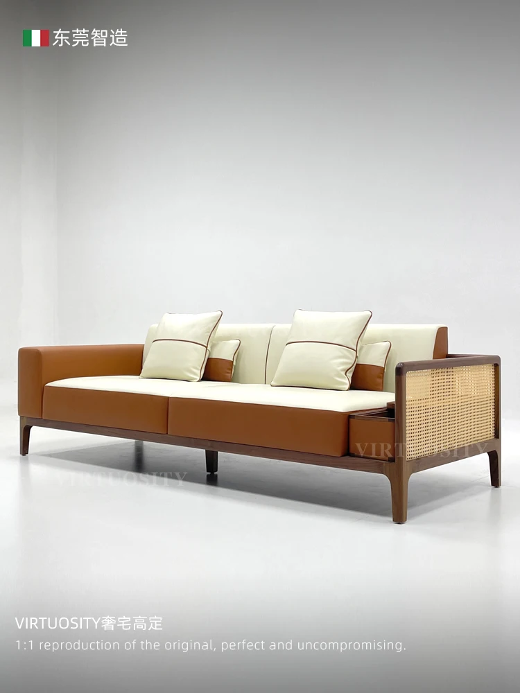 Luxury sofa Solid wood walnut living room guest sofa rattan woven leather sofa