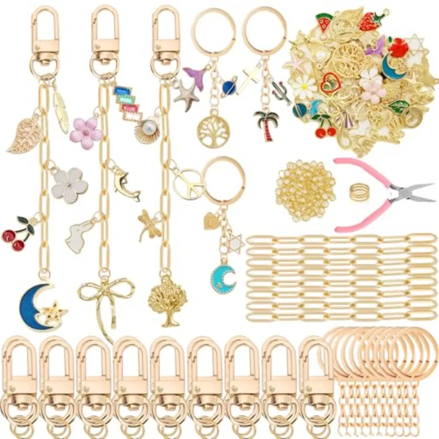 

281 шт., комплект для изготовления золотых брелоков «сделай сам», милый комплект подвесок для сумки, 60 подвесок, 8 зажимов для ключей с кольцом для ключей, поворотный карабин, коготь омара