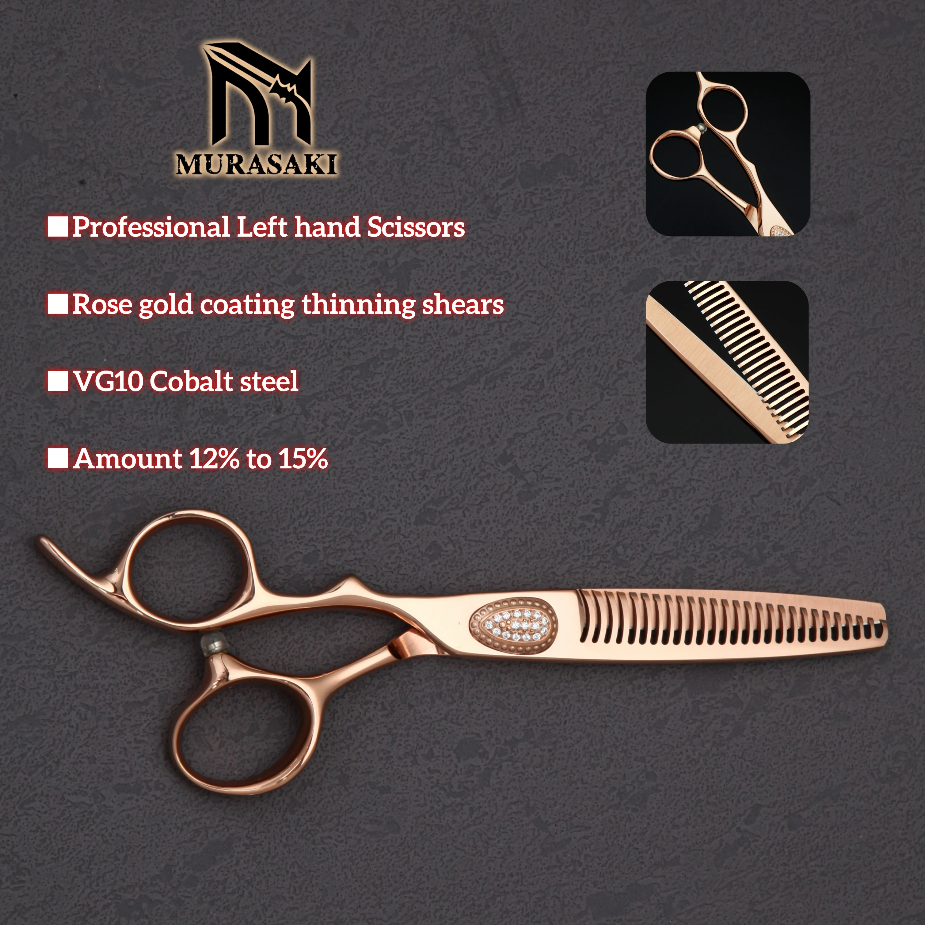 

MURASAKI Professional Left hand scissors，6.0 inch VG10 cobalt steel hair thinning sheras，Rose gold coating barber cutting tool