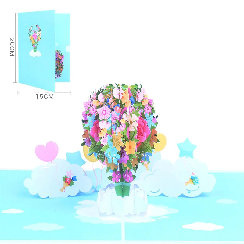 

3D Pop-up Greeting Card Small Fresh Flowers Hot Air Balloon Birthday Card Paper Sculpture Thanksgiving Blessing Message Card