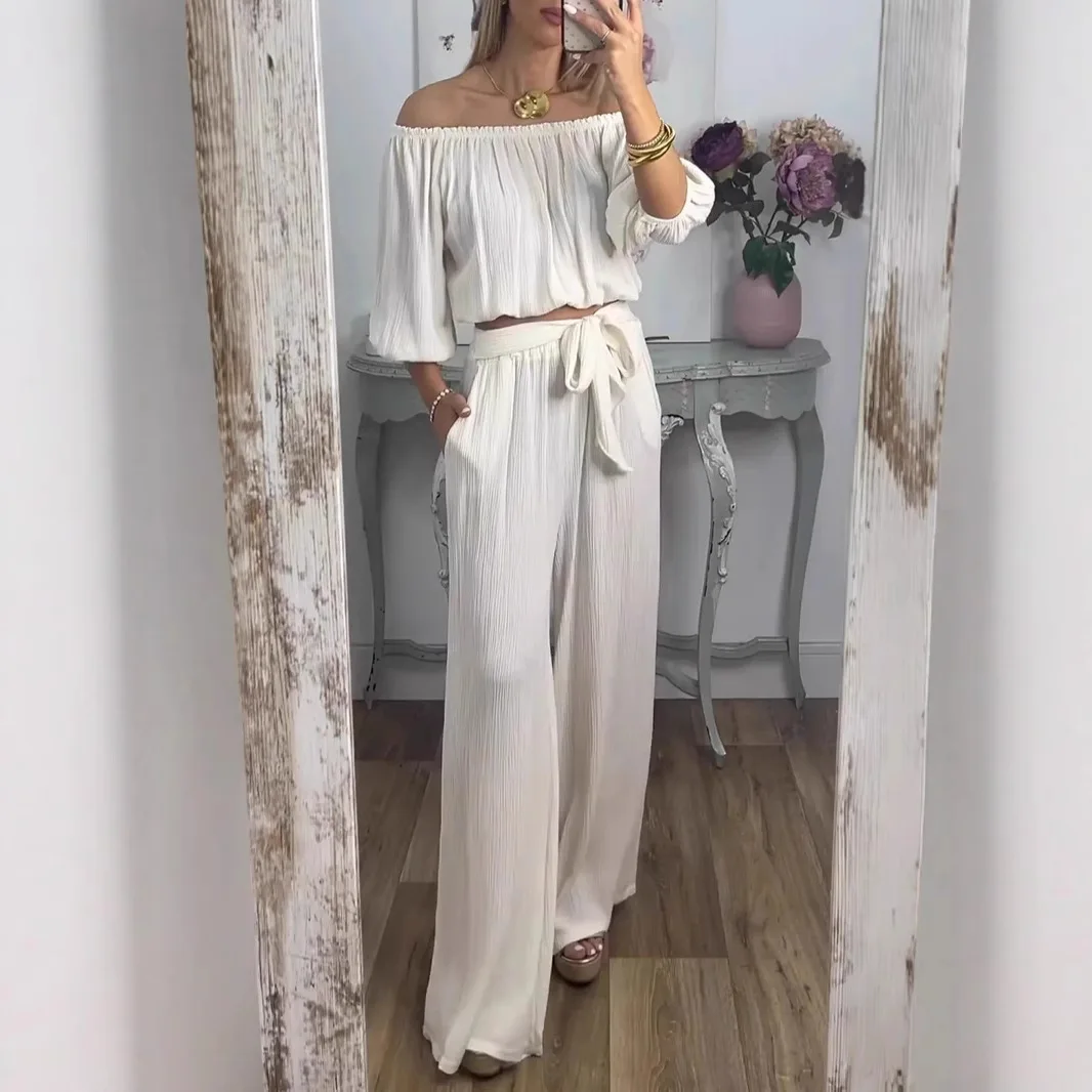 Elegant Women's Off Shoulder Pants Set One Shoulder Half Sleeves Short Top Loose Elastic Waist Trouses 2 Pieces Suits For Woman