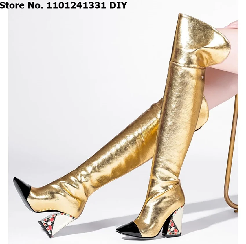 10Cm High Heel Genuine Leather Over The Knee Boots Printed Chunky Heeled Pointy Toe Pleated Fashion Long Bota Feminina